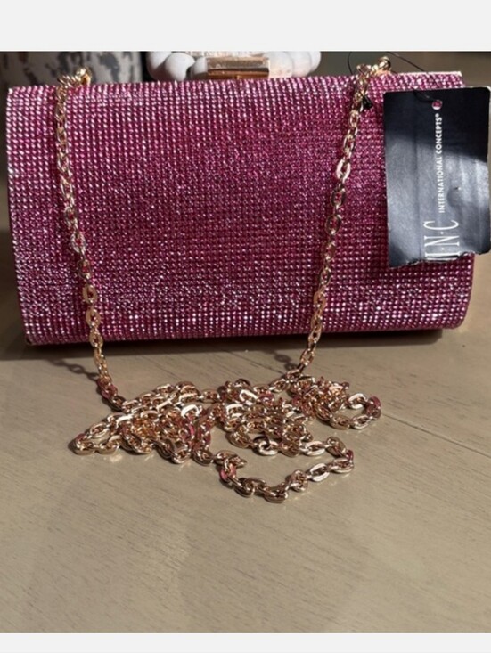 INC International Concepts Handbags - INC International Concepts Pink Rhinestone Clutch with Gold Chain